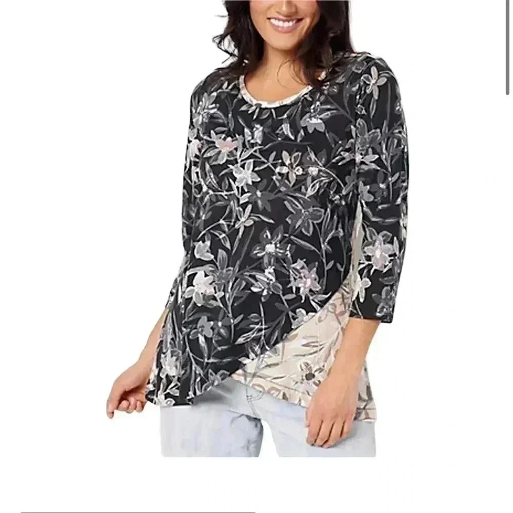 LOGO Lori Goldstein Mixed Print Cotton Modal Top A507339